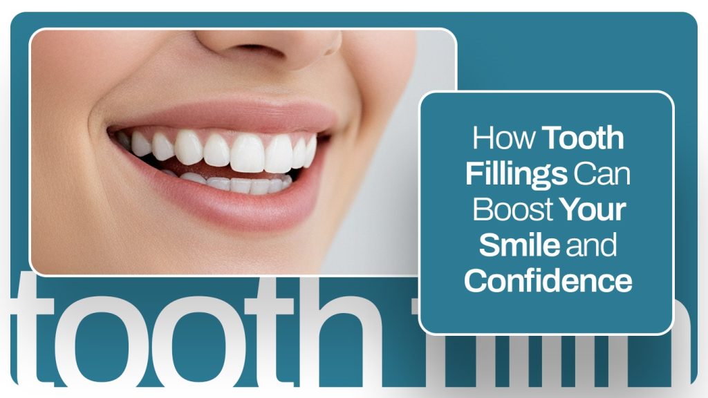 Smiling woman showing perfect teeth after tooth fillings