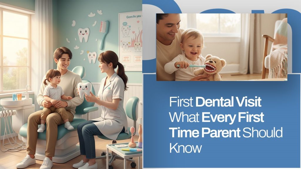 Child’s first dental visit with parents and dentist in clinic